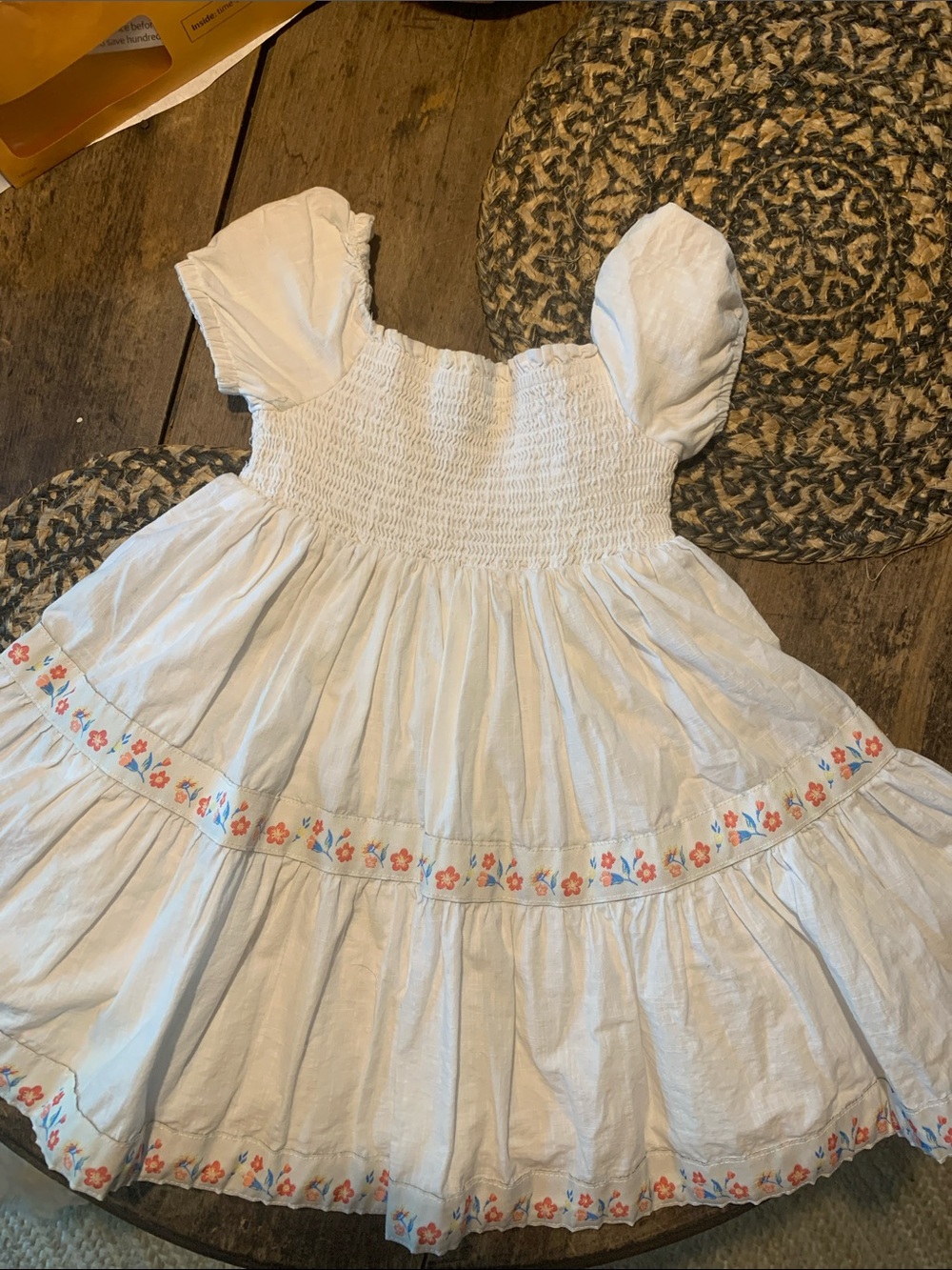 Precious Rachel Zoe White Smocked Puff-Sleeve Girls' Dress with Floral Trim